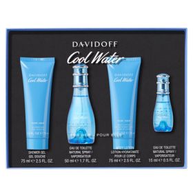 COOL WATER 4 PCS SET FOR WOMEN: 1.7 EAU DE TOILETTE SPRAY + 0.5 EAU DE TOILETTE SPRAY + 2.5 SHOWER GEL + 2.5 BODY LOTION